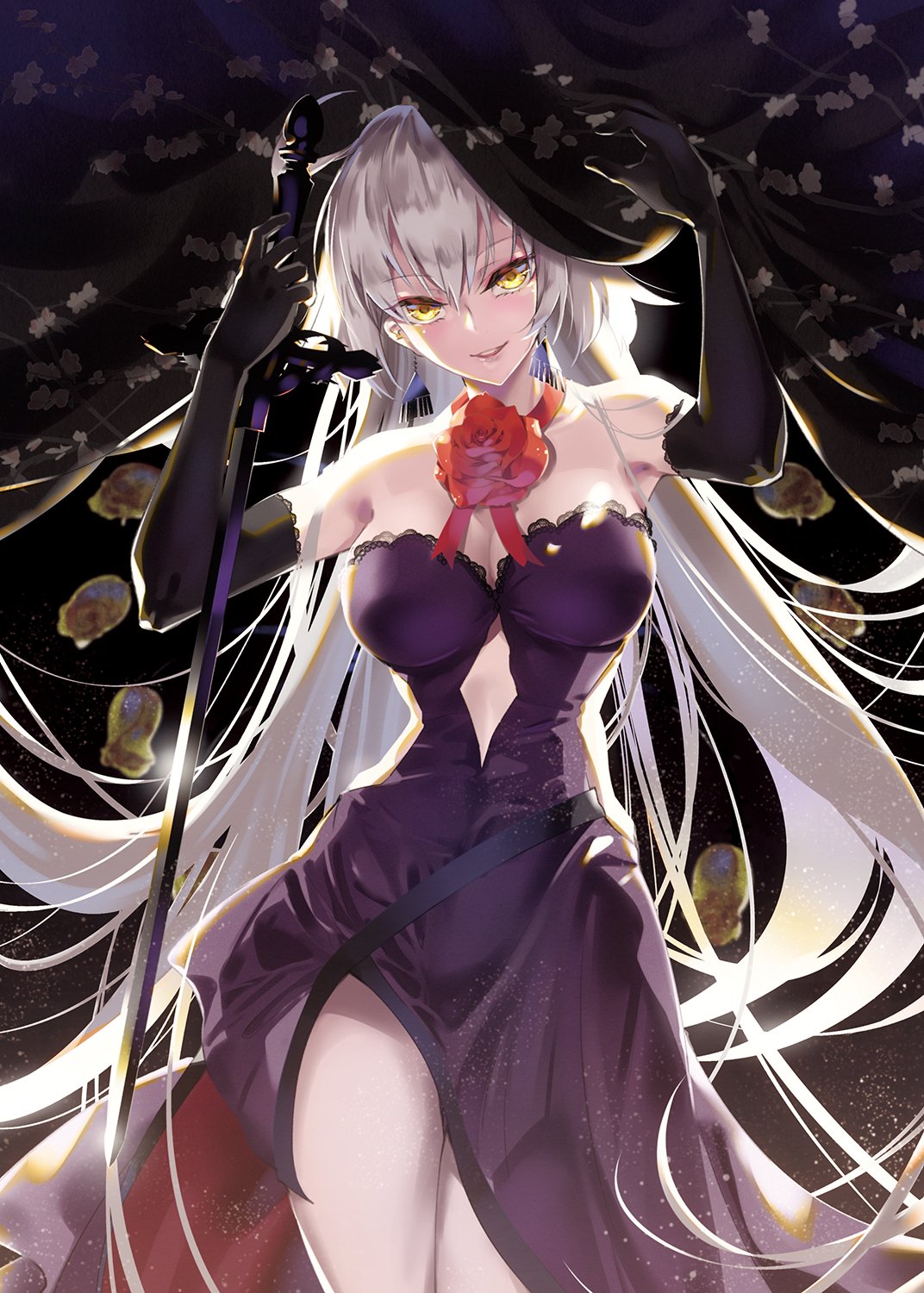 1girl arms_up backlighting bare_shoulders black_gloves covered_navel cowboy_shot curtains dress elbow_gloves fate/grand_order fate_(series) flower gloves highres jeanne_d'arc_(alter)_(fate) jeanne_d'arc_(fate)_(all) light_particles long_hair looking_at_viewer parted_lips purple_dress side_slit silver_hair smile solo sword tsurukame very_long_hair weapon yellow_eyes