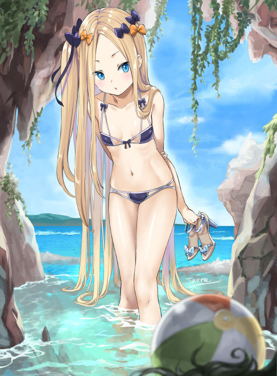 1girl abigail_williams_(fate/grand_order) ball beachball bikini black_hair blonde_hair blue_bikini blue_bow blue_sky blurry blurry_foreground blush bow breasts brown_footwear cloud collarbone commentary_request day depth_of_field fate/grand_order fate_(series) hair_bow high_heels holding horizon leaning_forward long_hair navel ocean one_side_up orange_bow outdoors parted_lips pixiv_fate/grand_order_contest_2 purple_bow sandals sandals_removed signature sky small_breasts solo_focus standing swimsuit tyone very_long_hair wading water