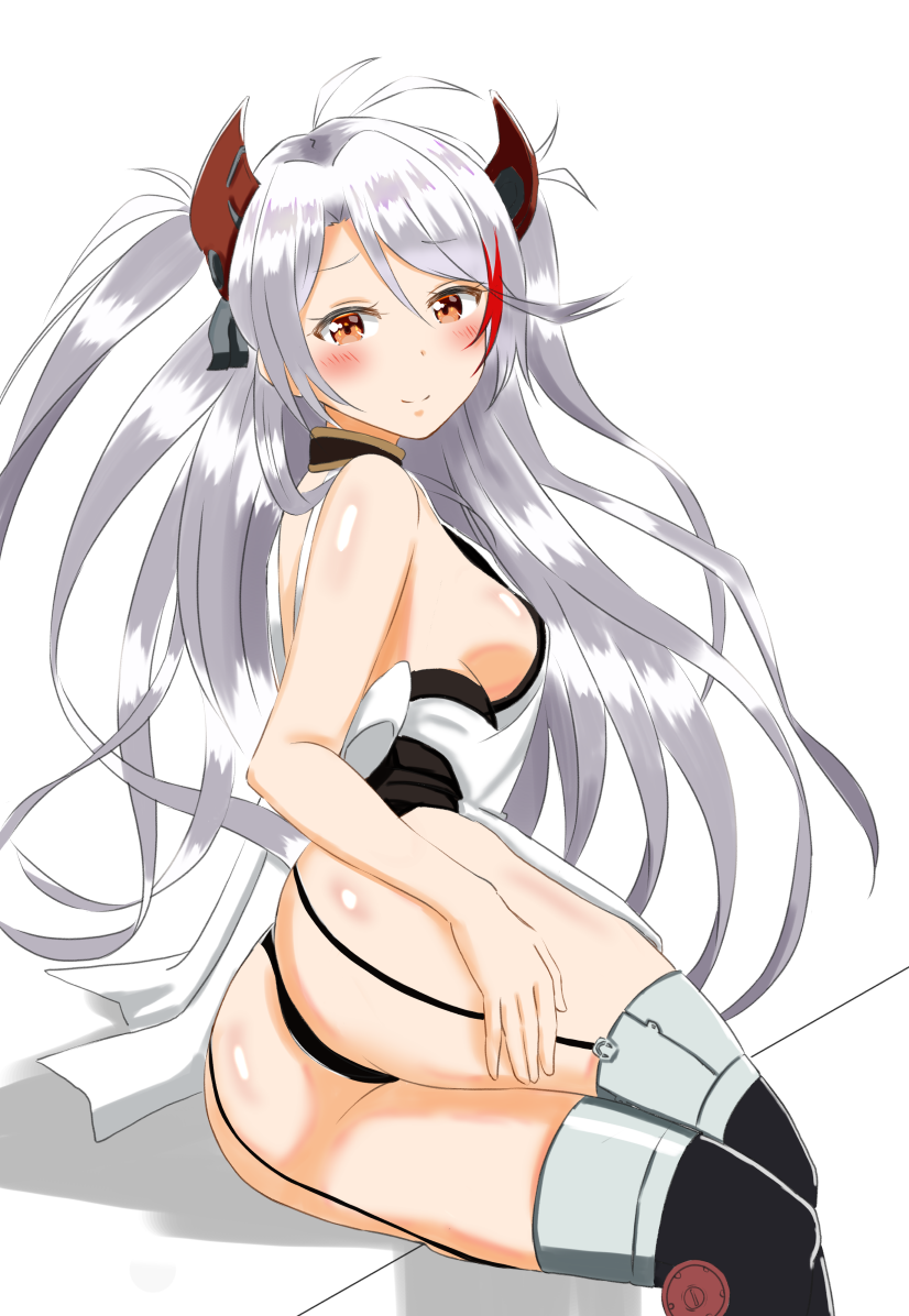 1girl antenna_hair ass azur_lane bare_arms bare_shoulders black_legwear blush breasts closed_mouth eyebrows_visible_through_hair furrowed_eyebrows garter_straps hair_between_eyes hair_intakes headgear long_hair looking_at_viewer medium_breasts multicolored_hair orange_eyes porontyo_07 prinz_eugen_(azur_lane) red_hair sideboob silver_hair smile solo streaked_hair thighhighs thighs two-tone_hair two_side_up very_long_hair white_background