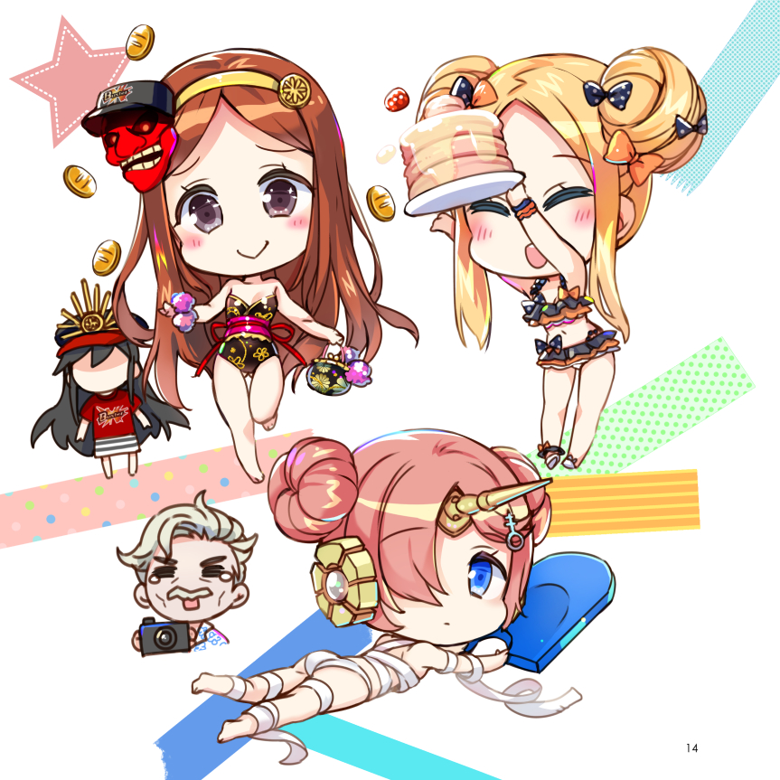 1boy 4girls :d =_= abigail_williams_(fate/grand_order) arms_up ass bandage bandaged_arm bandaged_leg bandages bangs bare_arms bare_legs bare_shoulders barefoot bikini black_bikini black_bow black_hair black_headwear black_swimsuit blonde_hair blue_eyes blush bow breasts brown_eyes brown_hair buster_shirt camera chacha_(fate/grand_order) chibi closed_mouth commentary_request double_bun emerald_float eyebrows_visible_through_hair eyes_closed faceless faceless_female family_crest fate/grand_order fate_(series) food forehead frankenstein's_monster_(fate) frankenstein's_monster_(swimsuit_saber)_(fate) hair_bow hair_over_one_eye hairband hat holding holding_plate james_moriarty_(fate/grand_order) jin_young-in kickboard koha-ace looking_at_viewer looking_back mask mask_on_head multiple_girls obi oda_nobunaga_(fate) oda_uri open_mouth orange_bow outstretched_arms pancake parted_bangs peaked_cap pink_hair plate polka_dot polka_dot_bow red_skirt sandals sash short_sleeves side_bun sidelocks skirt small_breasts smile stack_of_pancakes standing standing_on_one_leg star strapless strapless_swimsuit striped striped_skirt swimsuit tears white_bikini_bottom white_footwear yellow_hairband