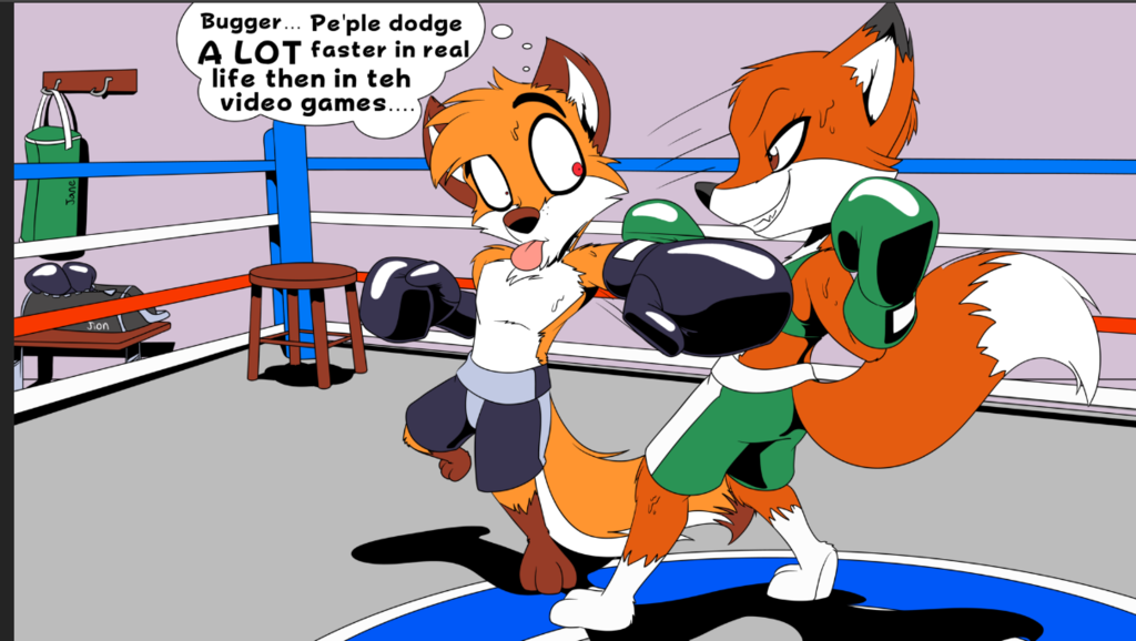 2017 anthro barefoot boxing boxing_gloves bra canid canine chair clenched_teeth clothed clothing dipstick_tail duo english_text female fighting_ring fox fur grin howling-madfoxhatter inside jane_(blu-the-tiger) jion male mammal motion_lines multicolored_tail orange_fur punching_bag shorts smile smirk socks_(markings) sport sports_bra teeth text thinking tongue tongue_out topless underwear