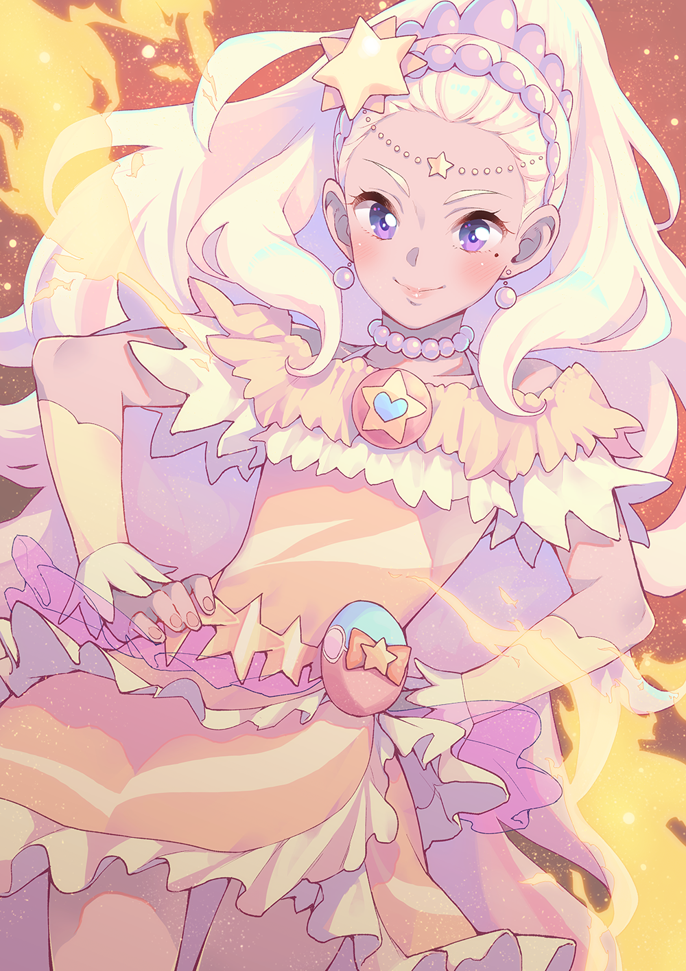 1girl amamiya_erena blonde_hair blush bouzu_(bonze) brooch closed_mouth commentary_request cure_soleil earrings eyebrows hands_on_hips highres jewelry long_hair magical_girl mole mole_under_eye necklace orange_skirt precure purple_eyes skirt smile solo star star_twinkle_precure