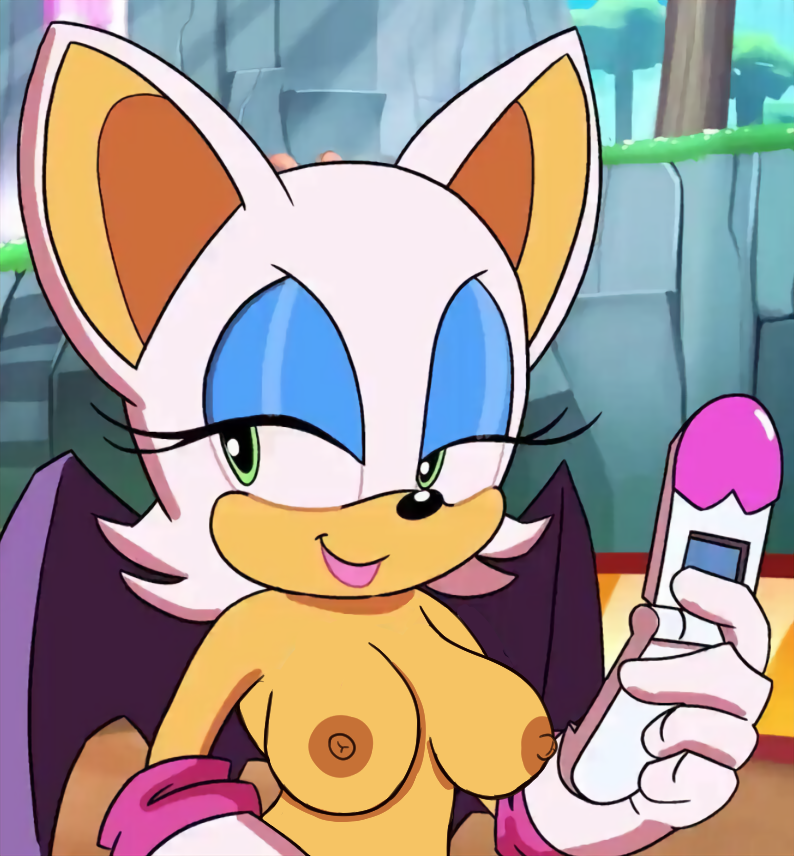 1girl areolae bat bat_wings bedroom_eyes breasts edit eyelashes female female_focus flip_phone green_eyes holding_phone lips lipstick looking_to_the_side nipples nude nude_edit rouge_the_bat smile team_sonic_racing white_fur white_hair wings