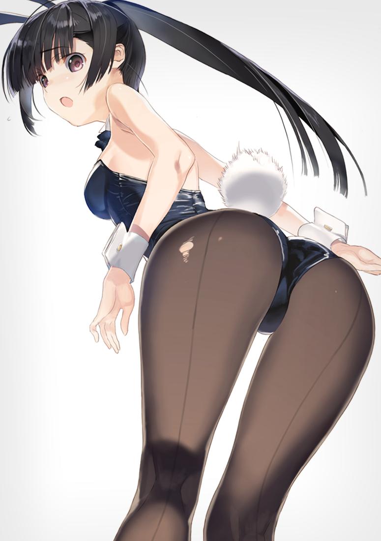 1girl animal_ears ass bangs bare_shoulders black_hair black_leotard breasts bunny_ears bunny_tail bunnysuit commentary_request detached_collar eyebrows_visible_through_hair fake_animal_ears from_behind leotard long_hair looking_at_viewer looking_back medium_breasts nakamura_takeshi open_mouth pantyhose ponytail red_eyes shiny shiny_clothes shiny_hair simple_background solo strapless strapless_leotard sugiura_koharu tail torn_clothes torn_legwear white_album_2 white_background wrist_cuffs