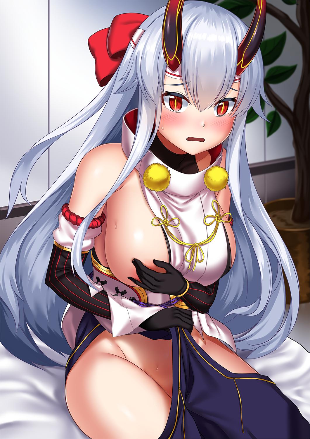 1girl areola_slip areolae bangs bare_shoulders blush bow breast_hold breasts covering covering_breasts detached_sleeves fate/grand_order fate_(series) hair_between_eyes headband highres hip_vent hitotsuki_nebura horns japanese_clothes large_breasts long_hair looking_at_viewer obi oni_horns open_mouth red_bow red_eyes sash side_slit sideboob silver_hair sitting sleeveless sleeveless_turtleneck slit_pupils solo thighs tomoe_gozen_(fate/grand_order) turtleneck
