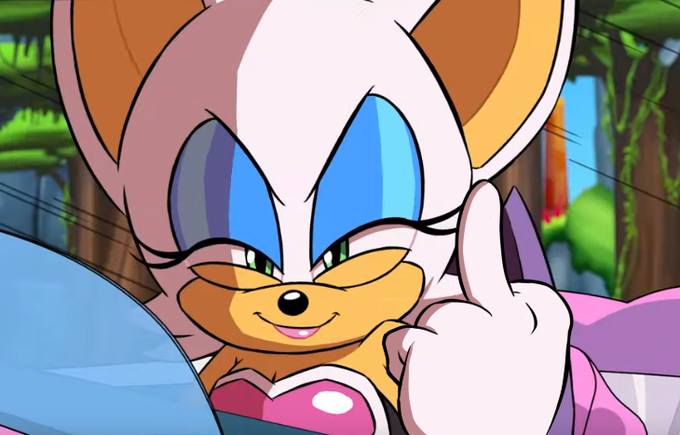 anthro bat breastplate car driving edit eyelashes green_eyes lipstick middle_finger pointy_ears rouge_the_bat sega shaded_face smile smug sonic_(series) speed_lines team_sonic_racing tree white_fur white_hair windshield