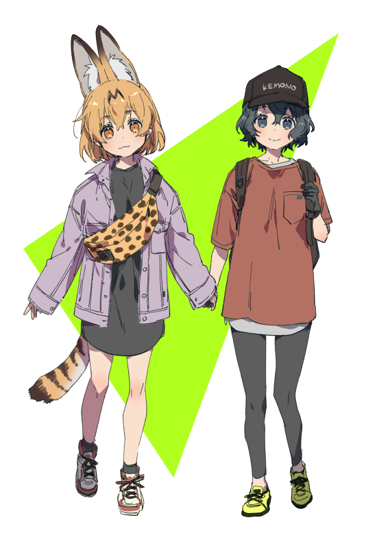 2girls :3 alternate_costume animal_ear_fluff animal_ears backpack bag bangs black_eyes black_gloves black_hair black_legwear blonde_hair casual commentary_request extra_ears eyebrows_visible_through_hair full_body gloves hair_between_eyes hand_holding hat holding_strap jacket kaban_(kemono_friends) kemono_friends leggings long_sleeves looking_at_viewer multiple_girls print_bag red_shirt serval_(kemono_friends) serval_ears serval_print serval_tail shirt short_hair simple_background sleeves_past_wrists smile sumida00rio tail white_background yellow_eyes