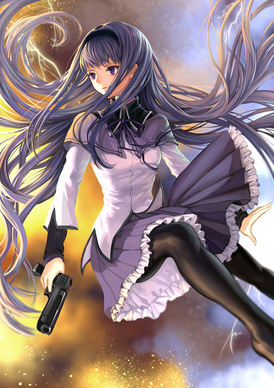 akemi_homura black_hairband black_legwear floating_hair frilled_skirt frills grey_capelet grey_ribbon gun hairband hei_yu highres holding holding_gun holding_weapon long_hair long_sleeves mahou_shoujo_madoka_magica medium_skirt neck_ribbon pantyhose pleated_skirt purple_eyes purple_skirt ribbon shirt silver_hair skirt very_long_hair weapon white_shirt