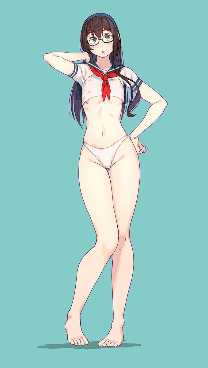 1girl alternate_costume arm_up bangs bare_legs barefoot bikini black_hair blush breasts collarbone commentary_request crop_top eyebrows_visible_through_hair full_body glasses gluteal_fold green_eyes hair_between_eyes hairband hand_on_hip highleg highleg_swimsuit highres kantai_collection legs long_hair looking_at_viewer navel ooyodo_(kantai_collection) open_mouth red_neckwear school_uniform semi-rimless_eyewear serafuku simple_background skindentation small_breasts solo standing swimsuit under-rim_eyewear yuuji_(and)