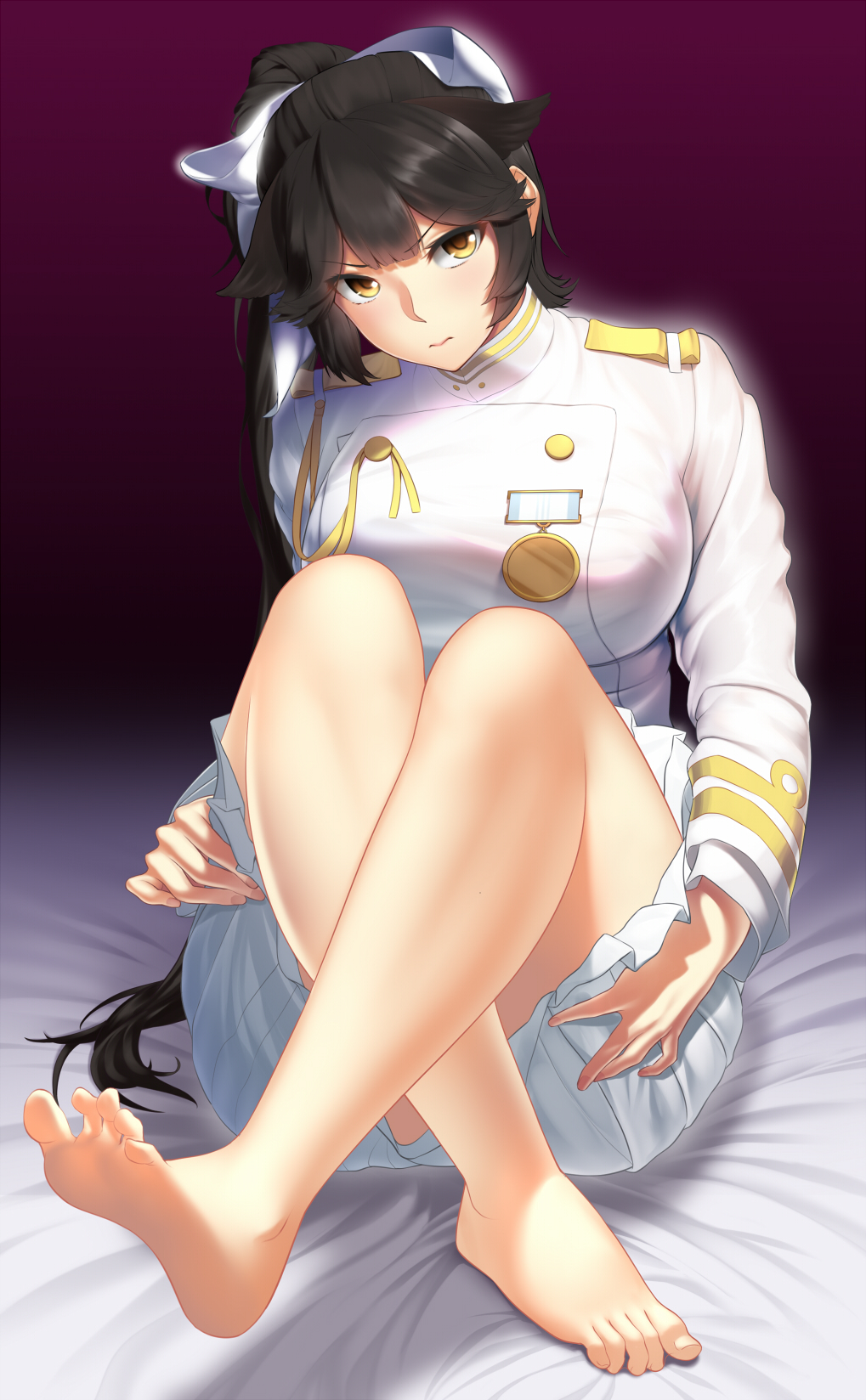 1girl aiguillette animal_ears azur_lane baiyin bangs bare_legs barefoot bed bed_sheet black_hair blunt_bangs blush bow breasts closed_mouth commentary_request covering covering_ass dog_ears eyebrows_visible_through_hair fingernails gradient gradient_hair hair_ears hair_flaps high_collar high_ponytail highres indoors large_breasts long_hair long_ponytail long_sleeves looking_at_viewer military military_uniform miniskirt multicolored_hair nail_polish on_bed pink_nails pleated_skirt ponytail sidelocks sitting sitting_on_bed skirt solo takao_(azur_lane) uniform white_bow white_skirt yellow_eyes