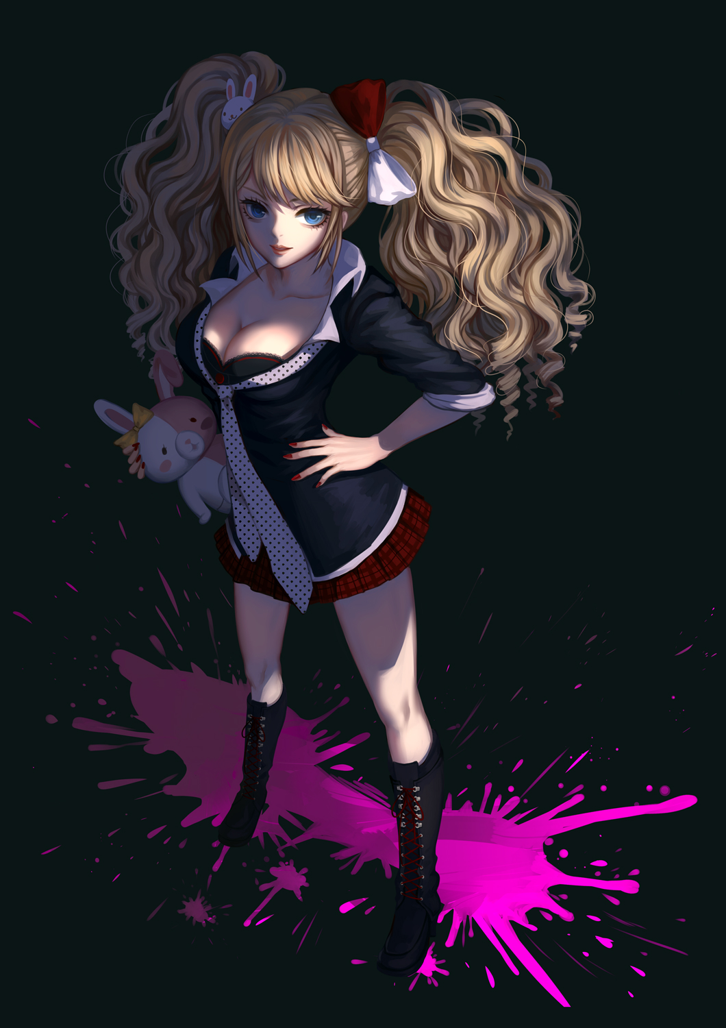 1girl :d black_background black_bra black_footwear black_jacket blonde_hair blood blood_splatter blue_eyes boots bow bra breasts bunny_hair_ornament cleavage collarbone curly_hair danganronpa danganronpa_1 drill_hair enoshima_junko floating_hair frilled_bra frills from_above full_body hair_bow hair_ornament hand_on_hip hei_yu highres holding holding_stuffed_animal jacket knee_boots long_hair looking_at_viewer medium_breasts miniskirt multicolored_bow nail_polish open_mouth plaid plaid_skirt pleated_skirt red_bow red_nails red_skirt skirt sleeves_rolled_up smile solo standing stuffed_animal stuffed_toy underwear very_long_hair white_bow
