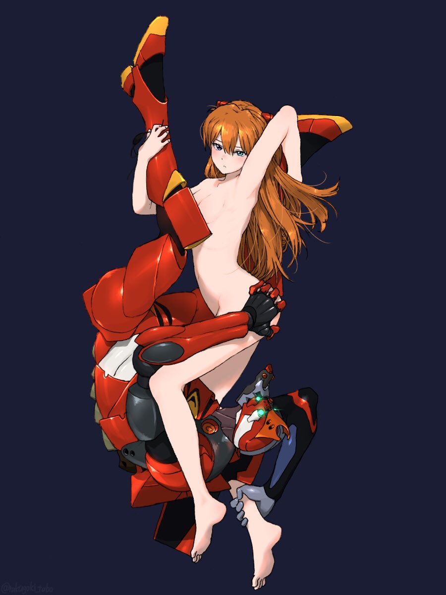 1girl 1other ankle_grab arm_up ass_grab breasts brown_hair eva_02 eyepatch eyepatch_removed highres long_hair looking_at_viewer mecha neon_genesis_evangelion nude rebuild_of_evangelion simple_background soryu_asuka_langley turbo_engine_(rakugaki_tabo)