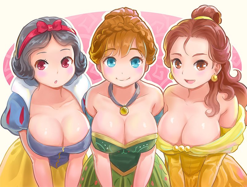 3girls :d :o alternate_breast_size anna_(frozen) beauty_and_the_beast belle_(disney) bending_forward black_hair blue_eyes blush bow braid breasts brown_eyes brown_hair cleavage commentary_request disney dress earrings elbow_gloves frozen_(disney) gloves hairband hairband_bow himeshaga jewelry large_breasts long_hair multiple_girls off-shoulder_dress off_shoulder open_mouth orange_hair puffy_sleeves red_eyes short_hair short_sleeves smile snow_white_(disney) snow_white_and_the_seven_dwarfs