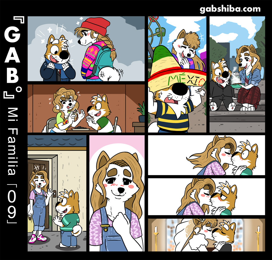 amusement_park barefoot blonde_hair blush canid canine canis clothing comic dating domestic_dog eyes_closed female food footwear gabshiba hair kissing laugh male male/female mammal overalls scarf shiba_inu shoes smile spitz sushi sweat sweatdrop wedding winter