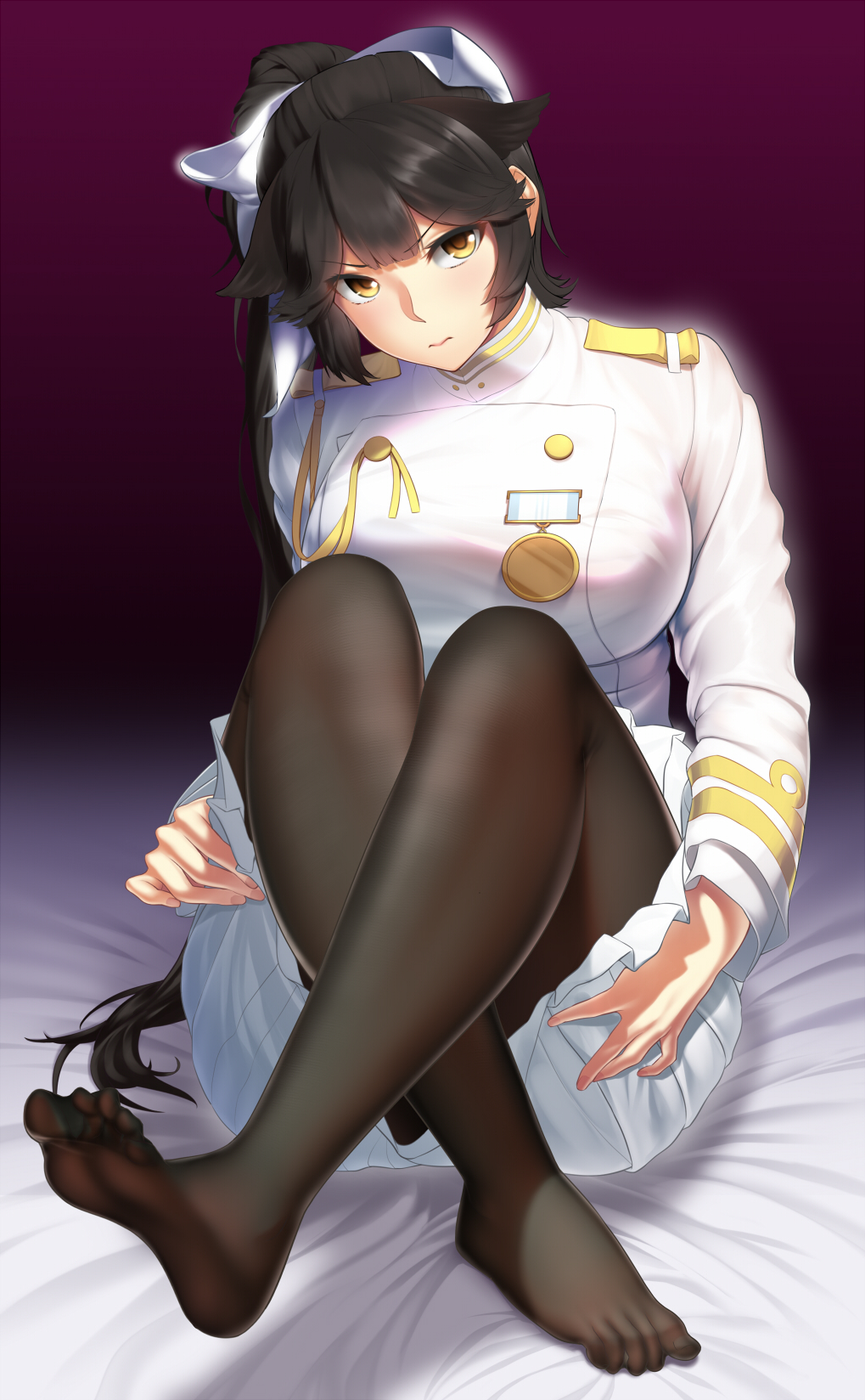 1girl aiguillette animal_ears azur_lane baiyin bangs bed bed_sheet black_hair black_legwear blunt_bangs blush bow breasts closed_mouth commentary_request covering covering_ass dog_ears eyebrows_visible_through_hair fingernails gradient gradient_hair hair_ears hair_flaps high_collar high_ponytail highres indoors large_breasts long_hair long_ponytail long_sleeves looking_at_viewer military military_uniform miniskirt multicolored_hair nail_polish on_bed pantyhose pink_nails pleated_skirt ponytail sidelocks sitting sitting_on_bed skirt solo takao_(azur_lane) uniform white_bow white_skirt yellow_eyes