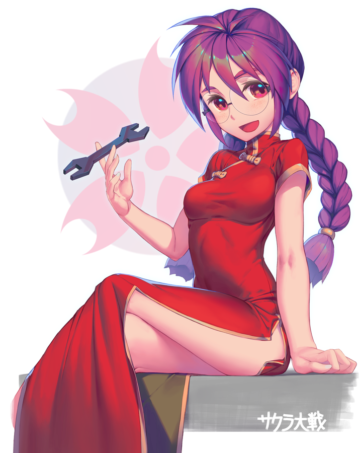 1girl :d ahoge bangs between_fingers blush breasts china_dress chinese_clothes dress glasses hair_between_eyes holding holding_weapon legs_crossed long_hair looking_at_viewer medium_breasts open_mouth pelvic_curtain pink_eyes purple_hair red_dress ri_kouran rimless_eyewear rotix round_eyewear sakura_taisen short_sleeves sitting smile solo weapon wrench