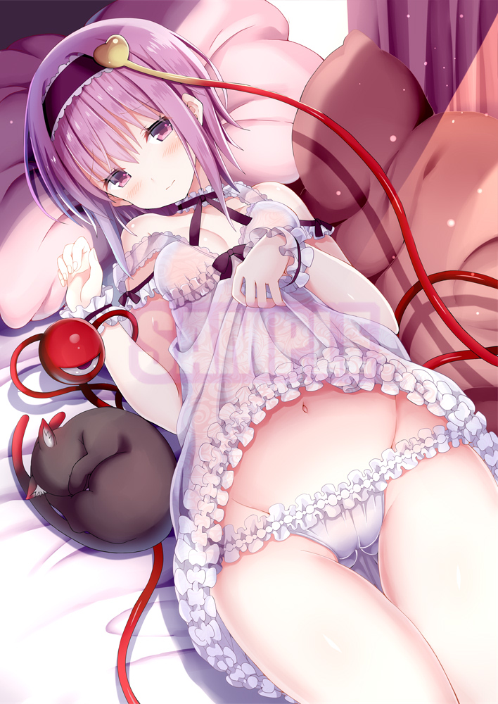 1girl animal bare_shoulders bed_sheet black_hairband blush breasts cameltoe cat closed_mouth collarbone commentary_request curtains dress dress_lift floral_print frilled_panties frills givuchoko gluteal_fold groin hair_ornament hairband head_tilt heart heart_hair_ornament kaenbyou_rin kaenbyou_rin_(cat) komeiji_satori lifted_by_self long_hair lying medium_breasts navel on_back panties pillow pink_dress print_dress purple_eyes purple_hair sample sleeveless sleeveless_dress strap_slip sunlight thigh_gap touhou underwear white_panties wrist_cuffs