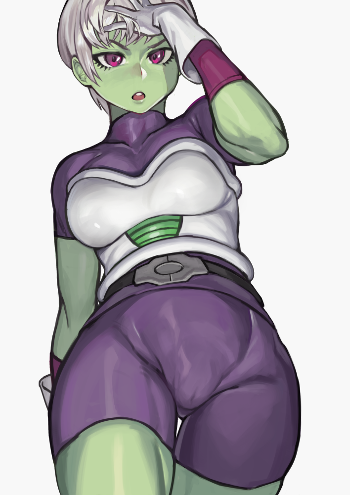 1girl :o armor belt bodysuit cheelai chirai cinko17817 cowboy_shot dragon_ball dragon_ball_super dragon_ball_super_broly gloves green_skin hand_on_own_head looking_at_viewer open_mouth purple_bodysuit purple_eyes short_hair short_sleeves simple_background skin_tight solo white_gloves white_hair