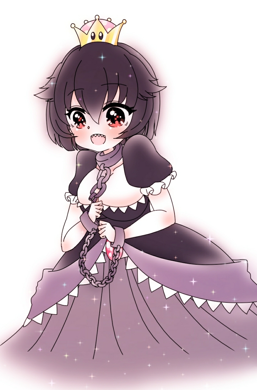 1girl black_dress black_hair blush bob_cut breasts broken broken_chain chain chains chibi cuffs dress highres large_breasts open_mouth princess_chain_chomp red_eyes shackles sharp_teeth short_hair smile solo sparkle super_crown teeth user_kdcv7855 wide-eyed