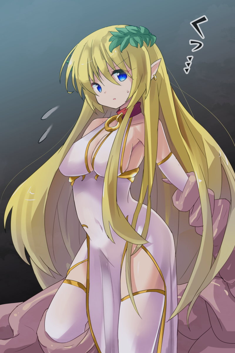 1girl bangs bare_shoulders blonde_hair blue_eyes blush breasts cleavage commentary_request detached_sleeves dress ear_piercing elf eyebrows_visible_through_hair flying_sweatdrops hair_between_eyes head_tilt highres large_breasts laurel_crown long_hair looking_at_viewer original parted_lips pelvic_curtain piercing pointy_ears ryogo sideboob sleeveless sleeveless_dress solo sweat tentacle thighhighs translation_request v-shaped_eyebrows very_long_hair white_dress white_legwear white_sleeves