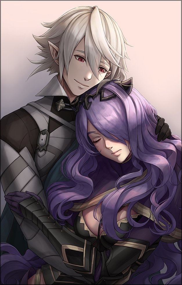 1boy 1girl armor black_gloves camilla_(fire_emblem_if) closed_mouth commission eyes_closed fire_emblem fire_emblem_if gloves hair_over_one_eye long_hair male_my_unit_(fire_emblem_if) my_unit_(fire_emblem_if) ninahakazuko nintendo pointy_ears purple_gloves purple_hair red_eyes short_hair simple_background upper_body white_hair