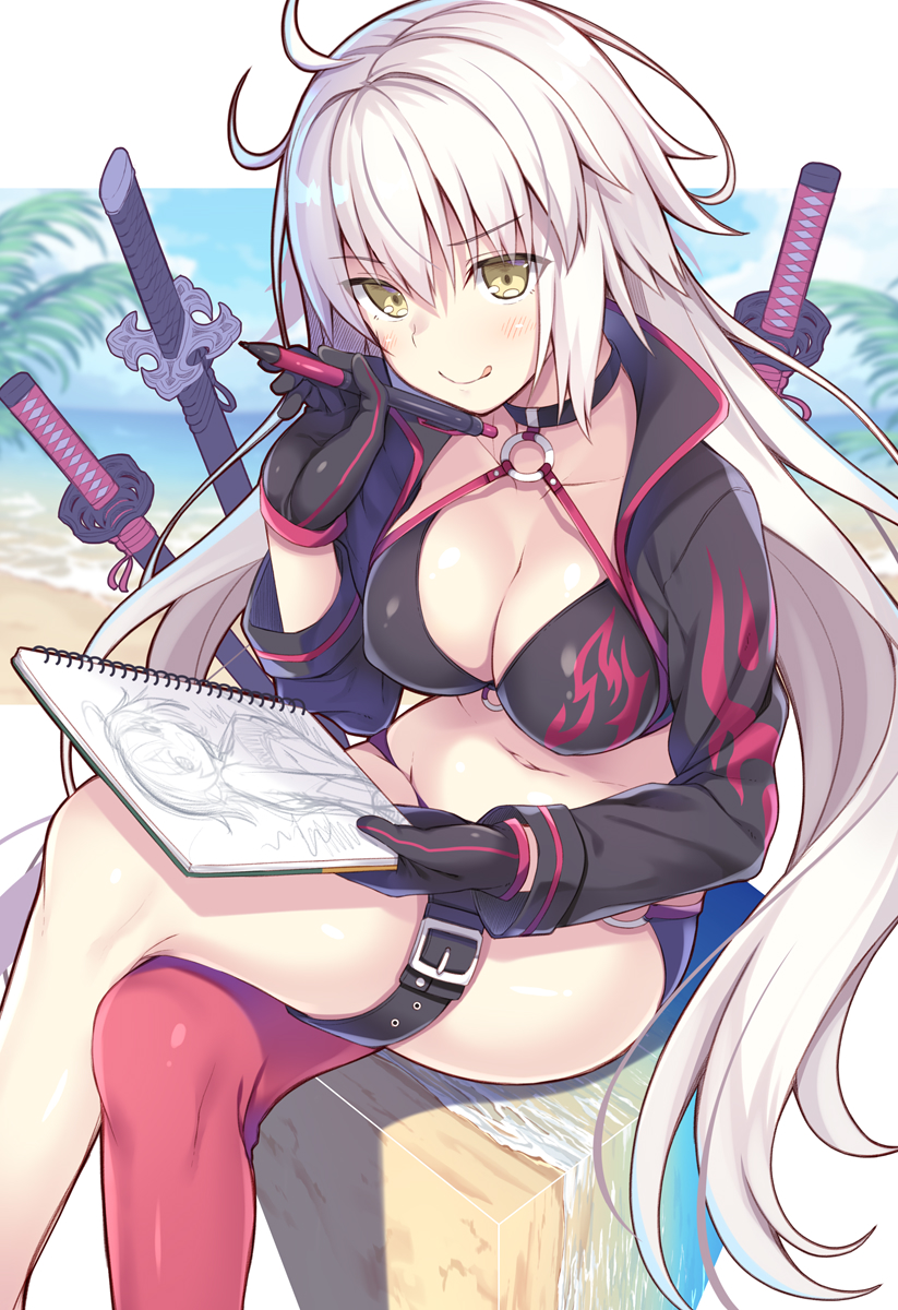 1girl :q ahoge bangs beach bikini black_bikini black_gloves black_jacket blurry blurry_background blush breasts choker cleavage commentary_request day eyebrows_visible_through_hair fate/grand_order fate_(series) gloves hair_between_eyes highres holding holding_notepad holding_pen jacket jeanne_d'arc_(alter_swimsuit_berserker) jeanne_d'arc_(fate)_(all) katana large_breasts legs_crossed long_hair looking_at_viewer multiple_swords nozomi_tsubame o-ring o-ring_bikini outdoors pen red_legwear shrug_(clothing) silver_hair single_thighhigh sitting smile solo swimsuit sword thighhighs tongue tongue_out very_long_hair weapon yellow_eyes