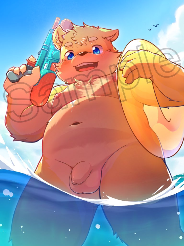2019 anthro balls blue_eyes canid canine canis clothing cloud cub darkmagic distracting_watermark domestic_dog flaccid foreskin humanoid_penis male mammal navel nude open_mouth penis sky slightly_chubby solo uncut water water_gun watermark young