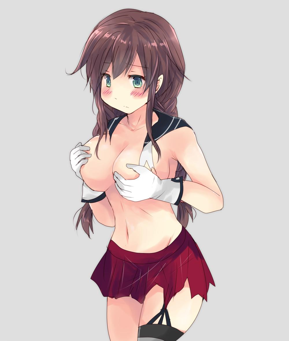 1girl braid breasts brown_hair collarbone covering covering_breasts embarrassed gloves green_eyes grey_background hirune_(konekonelkk) kantai_collection large_breasts long_hair navel noshiro_(kantai_collection) pleated_skirt red_skirt sailor_collar sidelocks simple_background single_garter_strap single_thighhigh skirt solo thighhighs topless torn_clothes torn_skirt twin_braids upper_body white_gloves