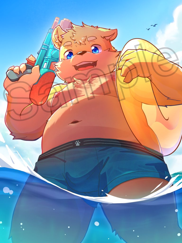 2019 anthro blue_eyes canid canine canis clothing cloud darkmagic distracting_watermark domestic_dog male mammal navel open_mouth shorts sky slightly_chubby solo water water_gun watermark
