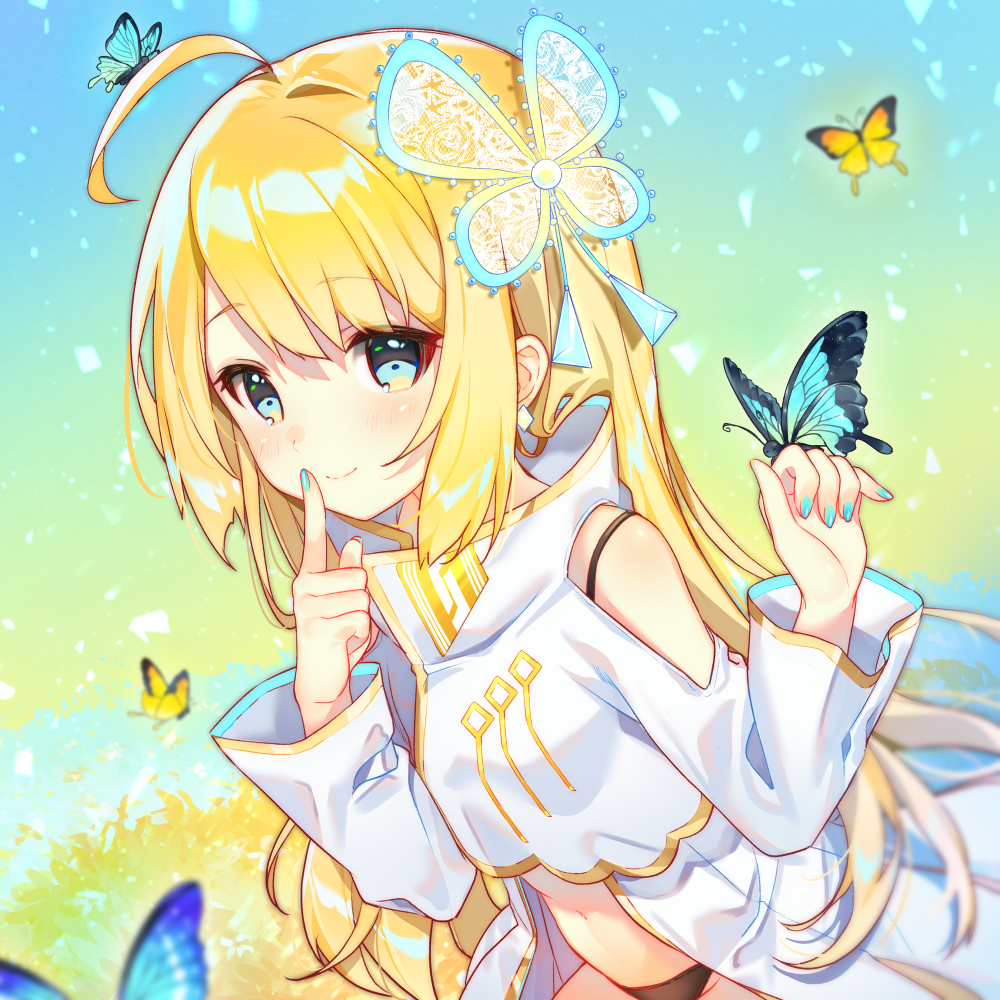 1girl ahoge bare_shoulders black_panties blonde_hair blue_eyes blue_nails blush bra_strap bug butterfly closed_mouth commentary_request cona_kinaco cowboy_shot crop_top hair_ornament hands_up index_finger_raised insect long_hair long_sleeves looking_at_viewer nail_polish navel no_pants official_art original panties shoulder_cutout sidelocks smile solo standing stomach underwear