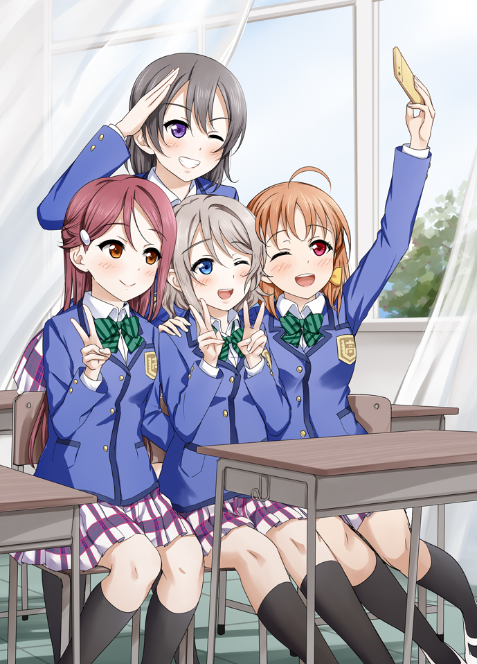 4girls ;d ahoge bangs black_hair blazer blue_eyes blue_jacket blush bow bowtie cellphone chair classroom commentary_request curtains day desk double_v green_neckwear grey_hair grin hair_bow hair_ornament hairclip hand_on_another's_shoulder holding holding_phone indoors jacket kneehighs long_sleeves love_live! love_live!_sunshine!! love_live!_sunshine!!_the_school_idol_movie_over_the_rainbow miniskirt multiple_girls one_eye_closed open_mouth orange_eyes orange_hair phone plaid plaid_skirt purple_eyes red_hair sakurauchi_riko salute school_chair school_desk school_uniform self_shot sitting skirt smartphone smile spoilers standing striped striped_neckwear suzume_miku takami_chika taking_picture v watanabe_tsuki watanabe_you window yellow_bow