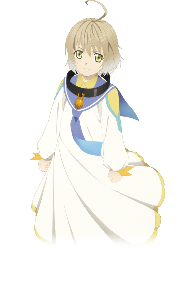 1boy bell blonde_hair child clothes collar green_eyes laphicet_(tales) long_hair looking_at_viewer male_focus official_art serious simple_background solo standing tales_of_(series) tales_of_berseria