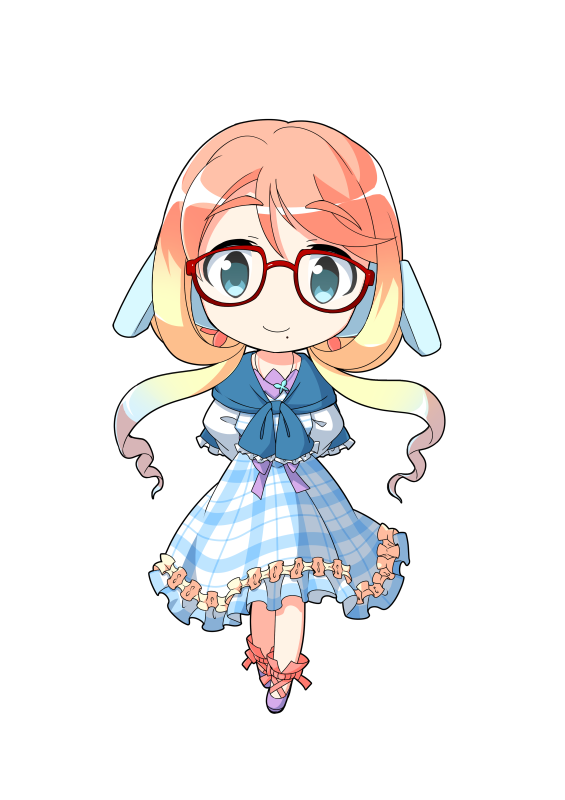 1girl ankle_lace-up arms_behind_back blonde_hair blue_dress blue_eyes chibi closed_mouth commentary_request cross-laced_footwear dairi dress frilled_dress frills full_body glasses gradient_hair hair_ornament haruno_sora jewelry long_hair long_sleeves looking_at_viewer mole mole_under_mouth multicolored_hair pendant plaid plaid_dress purple_footwear red-framed_eyewear red_ribbon ribbon smile solo standing tachi-e transparent_background vocaloid voiceroid