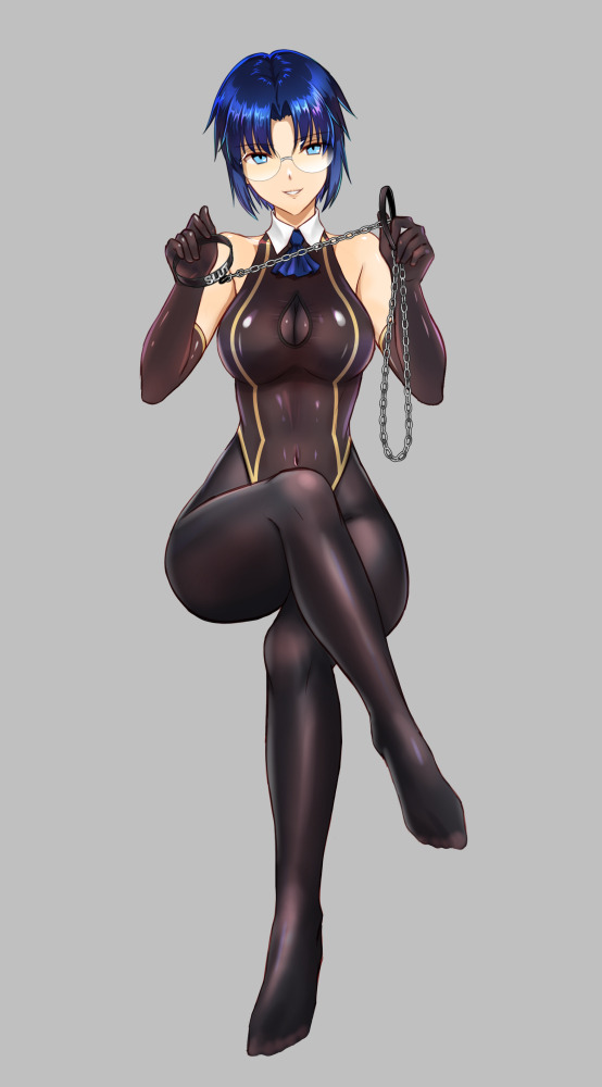1girl alternate_costume axia-chan bare_shoulders blue_eyes blue_hair breasts chains ciel cleavage collar commission covered_navel cravat elbow_gloves glasses gloves grey_background large_breasts legs_crossed leotard pantyhose short_hair smile solo tsukihime