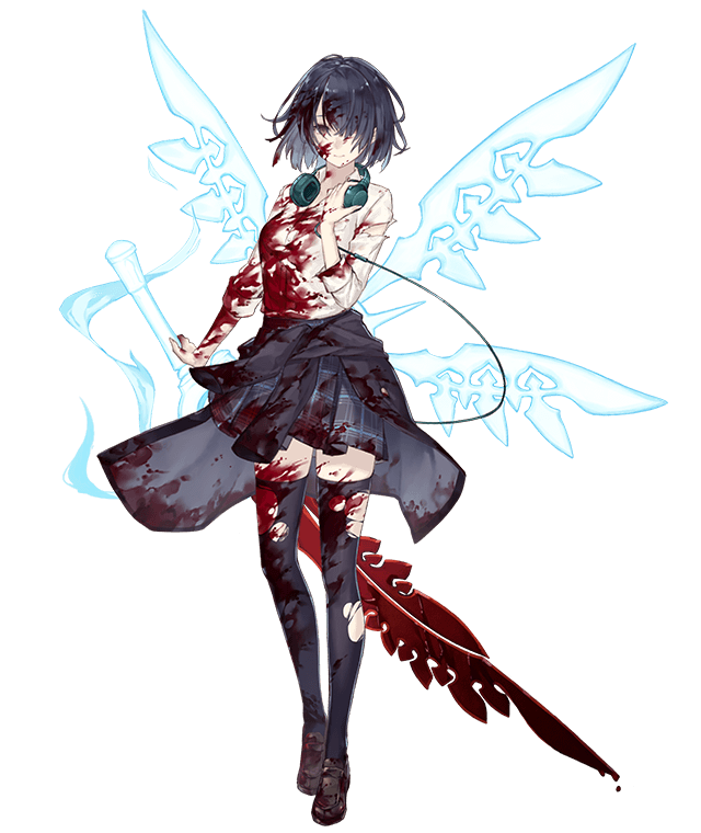 1girl alice_(sinoalice) black_hair blood blood_on_face blood_splatter bloody_clothes bloody_weapon brown_eyes clothes_around_waist contemporary empty_eyes energy_sword energy_wings full_body hair_over_one_eye headphones headphones_around_neck jacket_around_waist ji_no looking_at_viewer official_art plaid plaid_skirt shirt short_hair sinoalice skirt smile solo sword thighhighs torn_clothes torn_legwear transparent_background weapon white_shirt