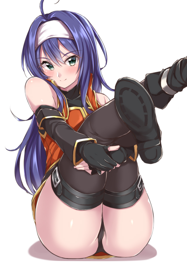 1girl ahoge arm_warmers black_footwear black_gloves black_legwear black_panties blue_hair blush bodysuit_under_clothes boots dress elbow_gloves fingerless_gloves fire_emblem fire_emblem:_akatsuki_no_megami fire_emblem:_souen_no_kiseki full_body gloves green_eyes headband jiino leg_hold legs_together long_hair nintendo panties pantyshot pantyshot_(sitting) short_dress simple_background siting sitting sleeveless sleeveless_dress smile solo straight_hair thighhighs thighs turtleneck underwear wayu_(fire_emblem) white_background