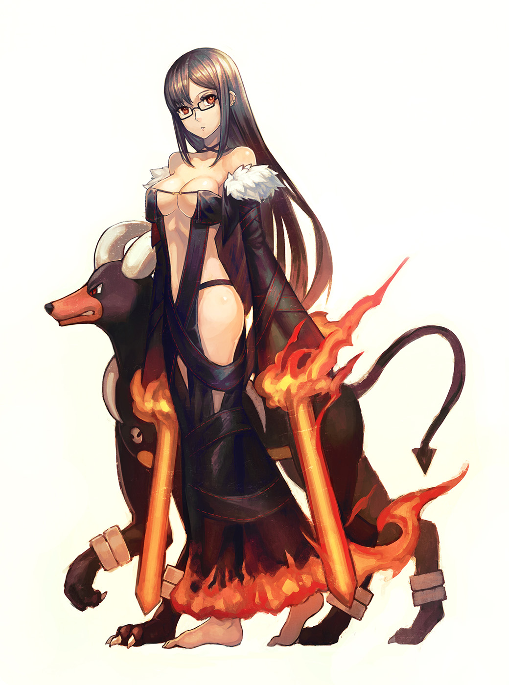 a-er_(akkij0358) bare_shoulders barefoot black-framed_eyewear black_dress breasts cleavage consort_yu_(fate) creatures_(company) crossover dog dress ear_piercing fate/grand_order fate_(series) fire flame fur_trim game_freak gen_2_pokemon glasses highres horns houndoom long_hair medium_breasts midriff navel nintendo piercing pokemon pokemon_(game) revealing_clothes strapless strapless_dress very_long_hair