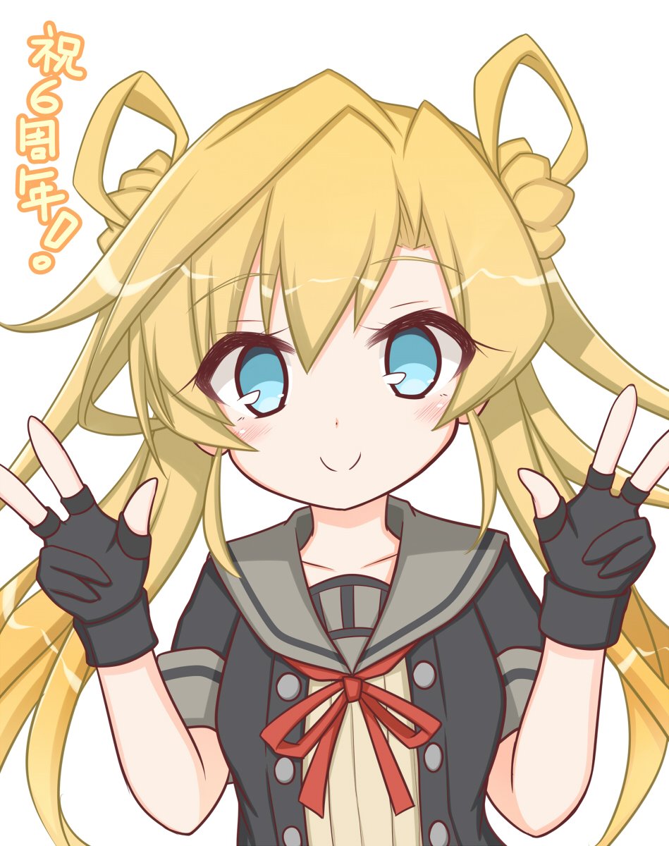 1girl abukuma_(kantai_collection) bangs black_gloves black_jacket blonde_hair blue_eyes blush brown_shirt closed_mouth collarbone commentary_request double_bun double_w eyebrows_visible_through_hair gloves grey_sailor_collar hair_between_eyes hair_rings hands_up highres jacket kantai_collection komakoma_(magicaltale) long_hair neck_ribbon open_clothes open_jacket partly_fingerless_gloves red_ribbon remodel_(kantai_collection) ribbed_shirt ribbon sailor_collar shirt side_bun simple_background smile solo translation_request twintails upper_body very_long_hair w white_background
