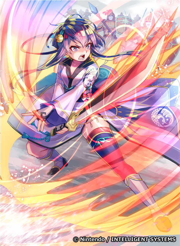 1girl 6+boys armor bell company_name copyright_name fire_emblem fire_emblem_cipher hair_bell hair_ornament helmet holding holding_sword holding_weapon japanese_clothes long_sleeves multiple_boys nintendo official_art polearm purple_eyes purple_hair shield solo_focus sword thighhighs tvzyon weapon yuzu_(fire_emblem)