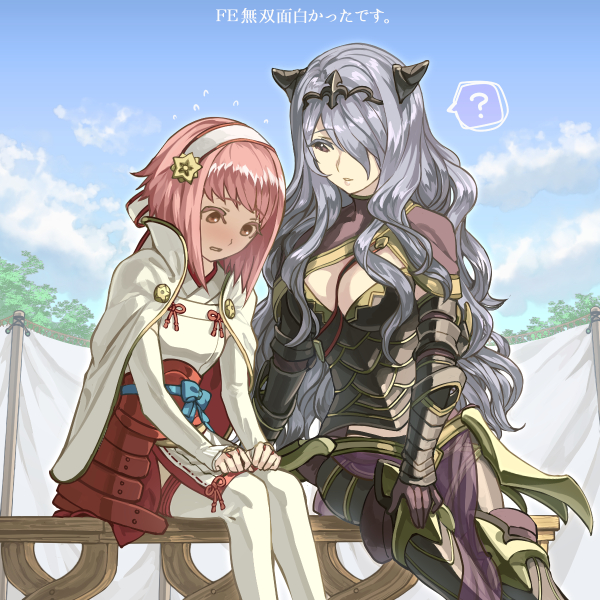 2girls ? armor between_breasts black_armor blue_sky blush breasts camilla_(fire_emblem_if) cleavage cloud day fire_emblem fire_emblem_if gloves hair_ornament hair_over_one_eye hairband japanese_clothes large_breasts long_hair mooncanopy multiple_girls nintendo parted_lips pink_hair purple_eyes purple_gloves purple_hair sakura_(fire_emblem_if) short_hair sitting sky spoken_question_mark thighhighs tiara white_legwear