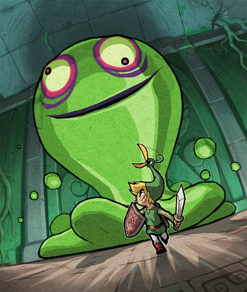 beak belt blonde_hair boss_fight chuchu cross-eyed eyebrows ezlo fight green_hat green_tunic hat holding_shield holding_sword holding_weapon link miniature nintendo official_art pointy_ears running shadow shield size_difference slime slime_ball sword teeth the_legend_of_zelda the_legend_of_zelda:_the_minish_cap toon_link triforce underground video_games vines