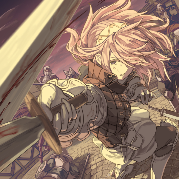 1girl armor blood cloud dagger fire_emblem fire_emblem_if gloves hair_over_one_eye hairband helmet holding holding_sword holding_weapon long_hair long_sleeves mooncanopy nintendo outdoors parted_lips pink_hair pouch sheath shield sky soleil_(fire_emblem_if) solo_focus sword weapon white_gloves