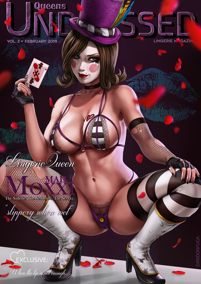 1girl black_choker black_gloves blue_eyes blush_stickers boots borderlands borderlands_2 bra breast_tattoo breasts brown_hair cameltoe choker cleavage cover dandon_fuga detached_sleeves english_text facepaint fake_cover fingerless_gloves fishnet_legwear fishnet_sleeves fishnets flipped_hair full_body gloves hair_over_one_eye hat hat_feather heart_tattoo high_heel_boots high_heels highres large_breasts lingerie lips lipstick mad_moxxi magazine_cover makeup mascara mismatched_legwear mole_above_mouth navel nose o-ring o-ring_top panties petals pinup pubic_tattoo purple_panties realistic runny_makeup short_hair single_detached_sleeve solo spread_legs squatting strap_gap striped striped_bra striped_legwear tattoo thighhighs toned top_hat underwear white_footwear
