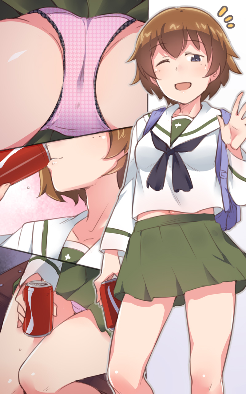 1girl ass black_neckwear blue_eyes blush breasts brown_hair collarbone drinking em freckles girls_und_panzer green_skirt highres looking_at_viewer multiple_views navel neck neckerchief one_eye_closed ooarai_school_uniform open_mouth panties pantyshot pink_panties school_uniform shiny shiny_hair shiny_skin short_hair skirt small_breasts smile thighs tsuchiya_(girls_und_panzer) underwear upskirt