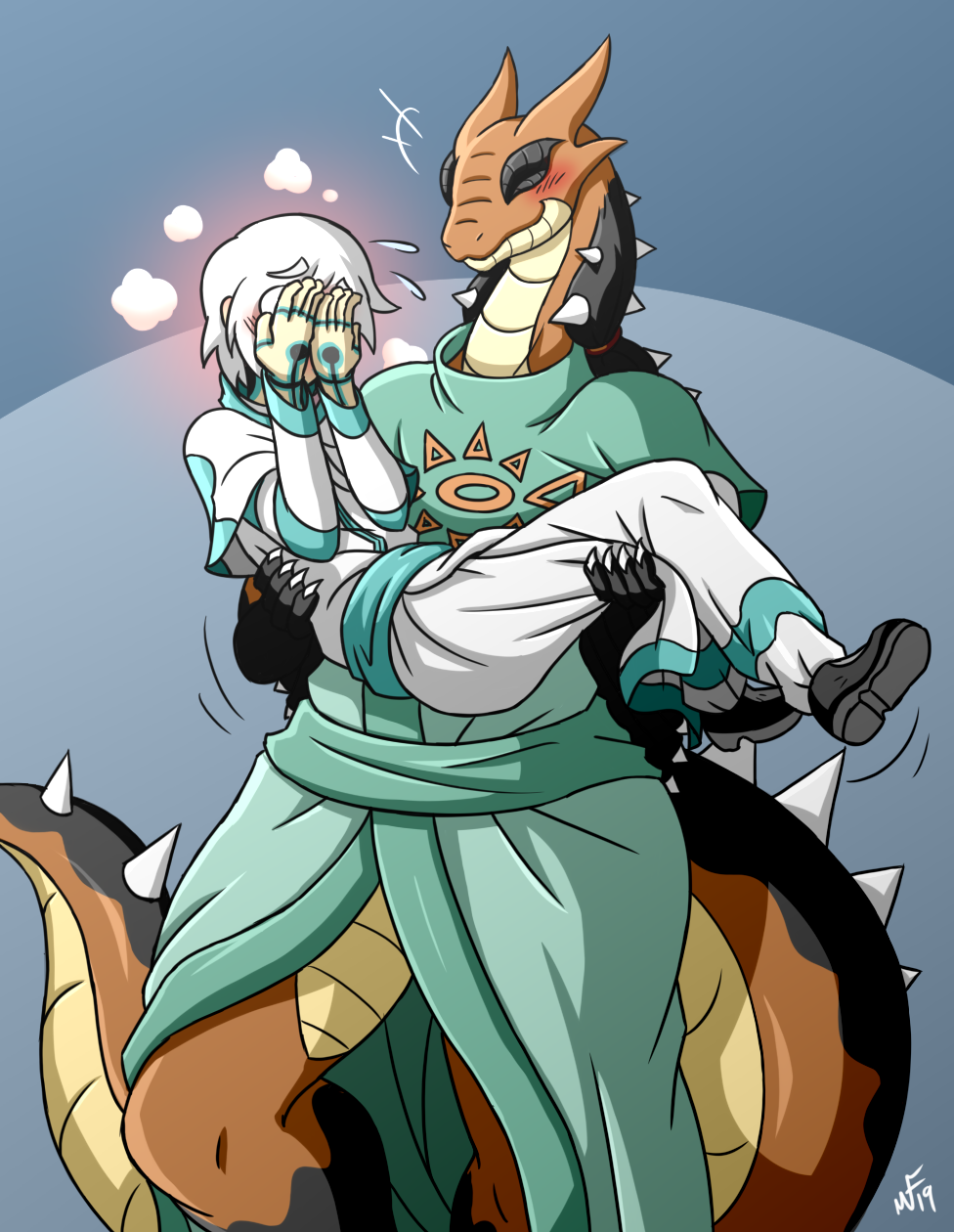 black_scales blush bridal_carry carrying claws clothed clothing embarrassed eyes_closed female happy hi_res human larger_female light_skin male mammal orange_scales rakkuguy robe scales scalie simple_background size_difference smaller_male smile tan_scales