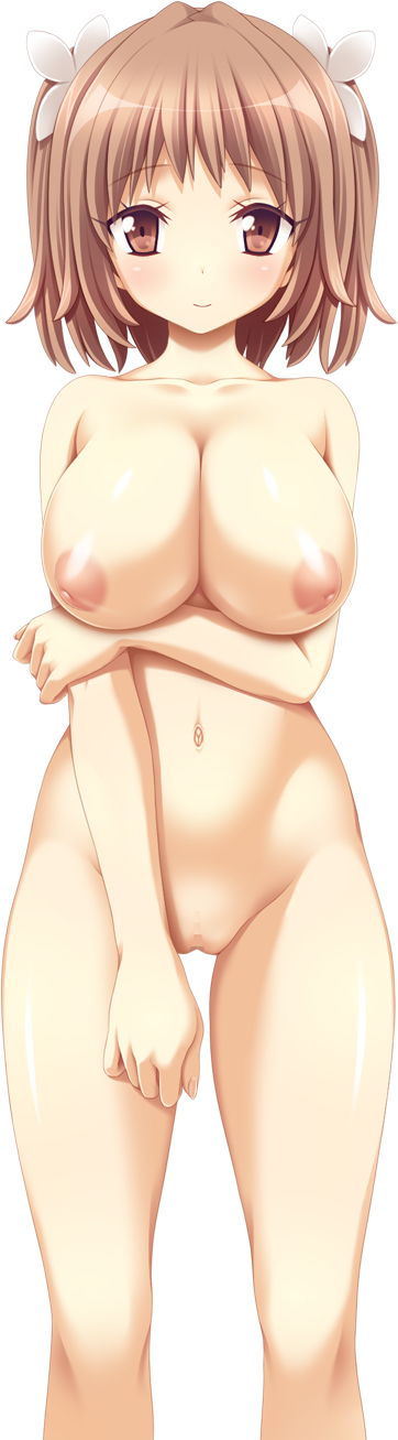 1girl areolae arm_grab blush breasts brown_eyes brown_hair censored eyebrows_visible_through_hair highres inverted_nipples koku large_breasts looking_at_viewer mafuka_nemuru mosaic_censoring navel nipples nude official_art realive short_hair smile solo standing transparent_background two_side_up
