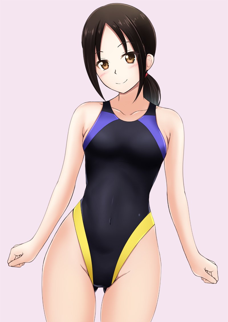 1girl black_hair black_swimsuit breasts brown_eyes collarbone commentary_request competition_swimsuit covered_navel fuuma_nagi gluteal_fold grey_background long_hair looking_at_viewer low_ponytail one-piece_swimsuit original ponytail simple_background small_breasts smile solo standing swimsuit