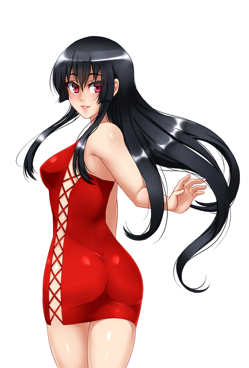 1girl akame akame_ga_kill! ass bare_shoulders black_hair blush breasts dress highres jewelry lips long_hair looking_at_viewer medium_breasts parted_lips pink_eyes red_dress ring simple_background skin_tight smile solo standing twrlare white_background