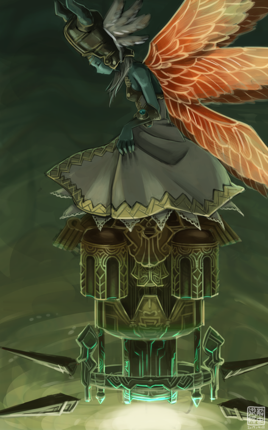 1girl 2019 bare_shoulders blue_skin breasts circlet closed_mouth dated dress dress_lift esper eyes_closed feathered_wings final_fantasy final_fantasy_tactics_advance final_fantasy_xii from_side hat head_wings highres horned_headwear horns kani_onigiri_(shottare) lifted_by_self long_hair multicolored multicolored_wings multiple_wings silver_hair sleeveless sleeveless_dress small_breasts solo ultima_(ffta) white_dress wings