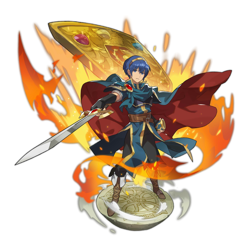 1boy black_gloves blue_eyes blue_hair boots cape crossover dragalia_lost falchion_(fire_emblem) fighting_stance fingerless_gloves fire fire_emblem fire_emblem:_monshou_no_nazo fire_emblem_heroes full_body gloves gold_hairband hairband holding holding_sword holding_weapon marth nintendo non-web_source official_art pedestal serious sheath shield short_hair shoulder_pads solo sword transparent_background weapon
